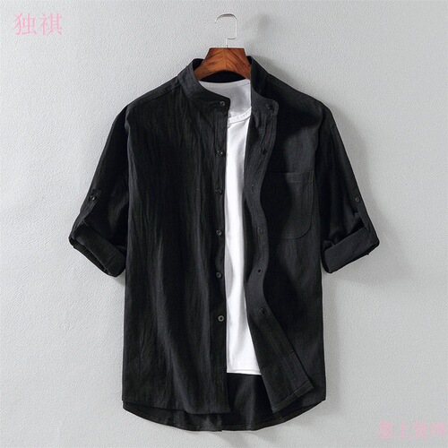 Japanese linen shirt for men, summer loose Korean-style trendy casual black short-sleeved shirt jacket, cotton linen half-sleeve