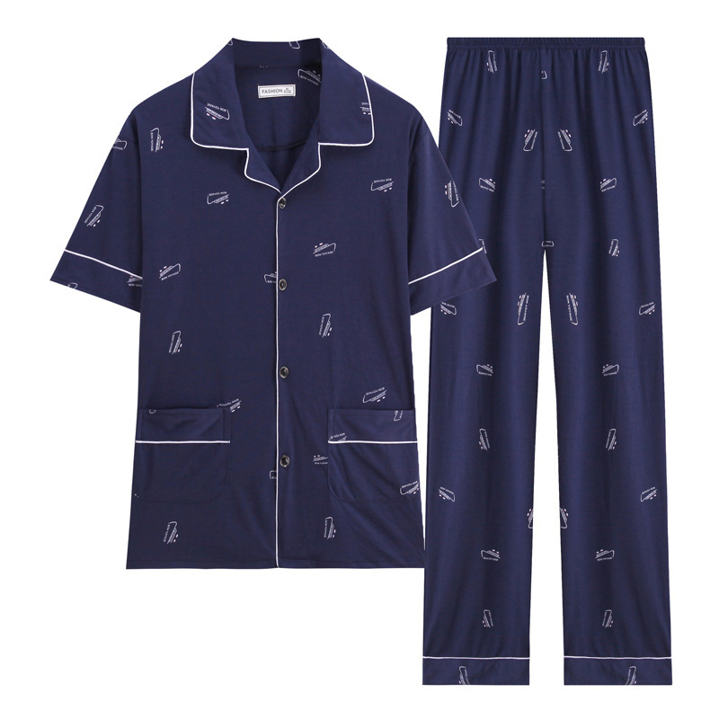 100% pijamas de algodón de manga larga de los hombres sueltos más tamaño aguja pequeño collar inverso joven y de mediana edad de primavera y otoño ropa de casa manga corta tejida