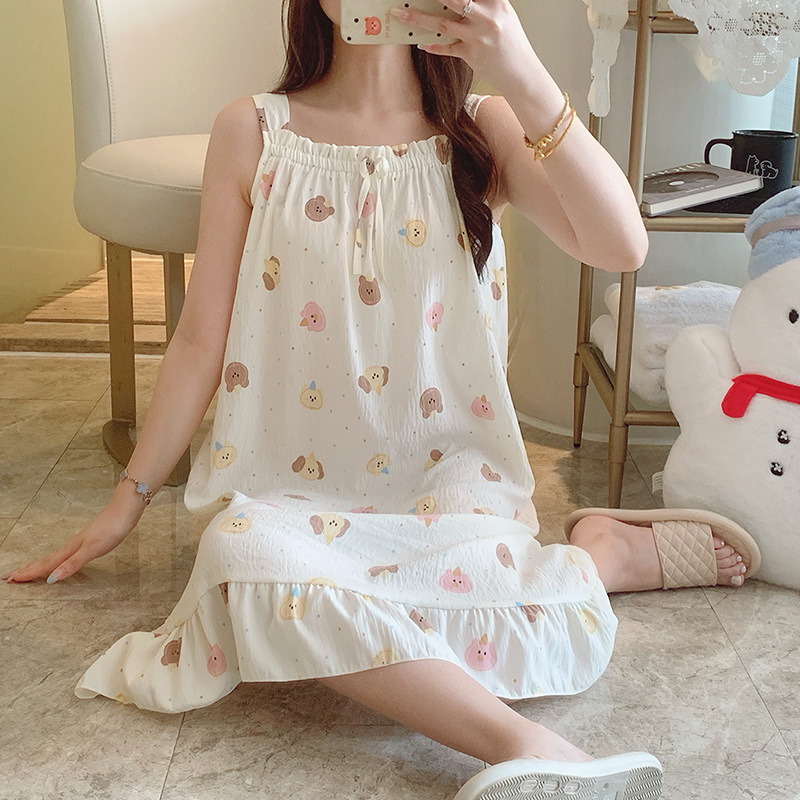 Pajamas de cabina de verano de dibujos animados nubes de algodón sueltas de hombro largo ocio transfronterizo en vivo vestido fresco