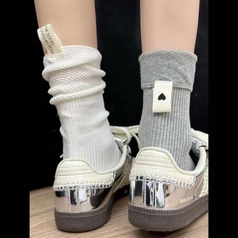Spring and Autumn K-Style Ins Heel Cloth Label Calf Socks Thick Thread Knitted Vertical Strip Pure Color Relaxed Feeling Versatile Pile Socks for Women