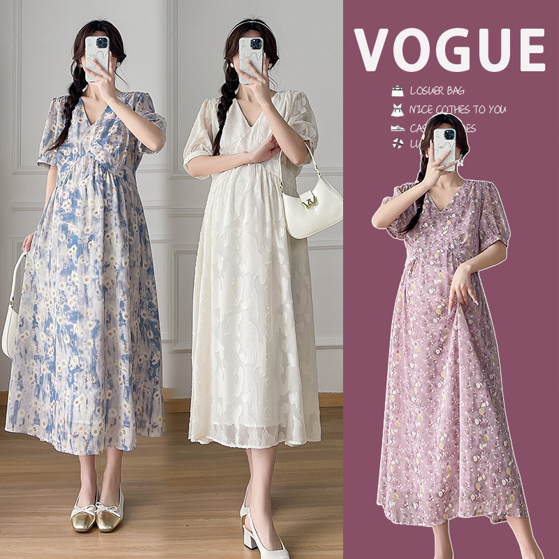 Maternity 2025 Summer New French Style Elegant Sweet Meat Covering Slimming Chiffon Loose Pregnant Women dress