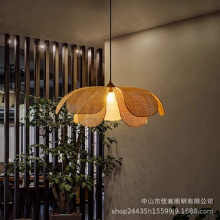日式侘寂风手工编织禅意茶室客厅卧室餐厅民宿创意藤艺花瓣吊灯具