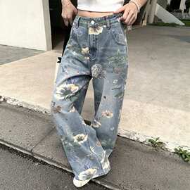 美式街头印花牛仔裤女夏季潮牌时尚风宽松百搭设计感拖地阔腿裤子