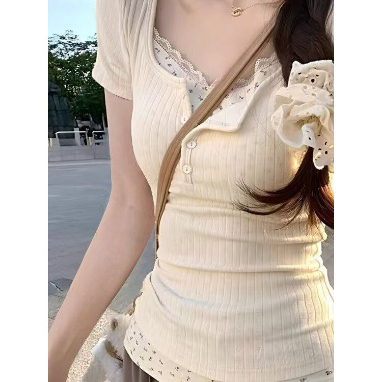 Floral Short-Sleeve T-Shirt for Women, Summer Style, Faux Two-Piece, Slim Fit, Fresh and Sweet, Suitable for Spring and Autumn, Base Shirt Top