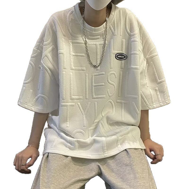 2026 camiseta de manga corta de verano hombre marca de moda de manga media suelta de cinco puntos estudiantes waffle Jacquard ropa de media manga