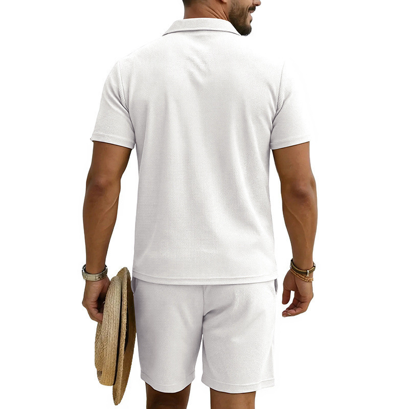 Men's Summer Waffle Knit Polo Shirt And Shorts Set, Casual Breathable Comfort Outfit For Daily Wear ​​Lightweight & Quick-Drying Fabric​_viptrois.com