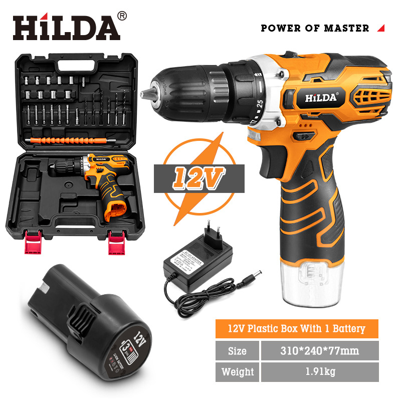 Hilda en stock recargable impacto taladro batería de litio mano taladro hogar al por mayor destornillador eléctrico Accesorios