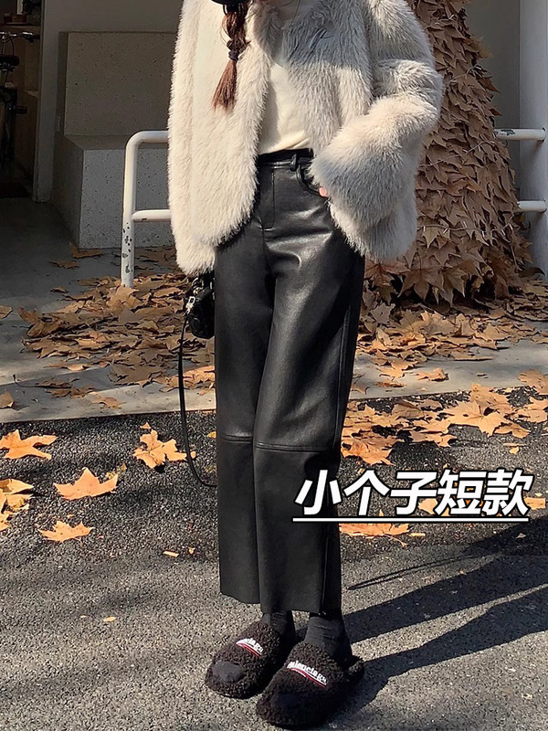 150小个子仿真柔软女新款145八分显高直筒显瘦PU皮休闲裤|undefined