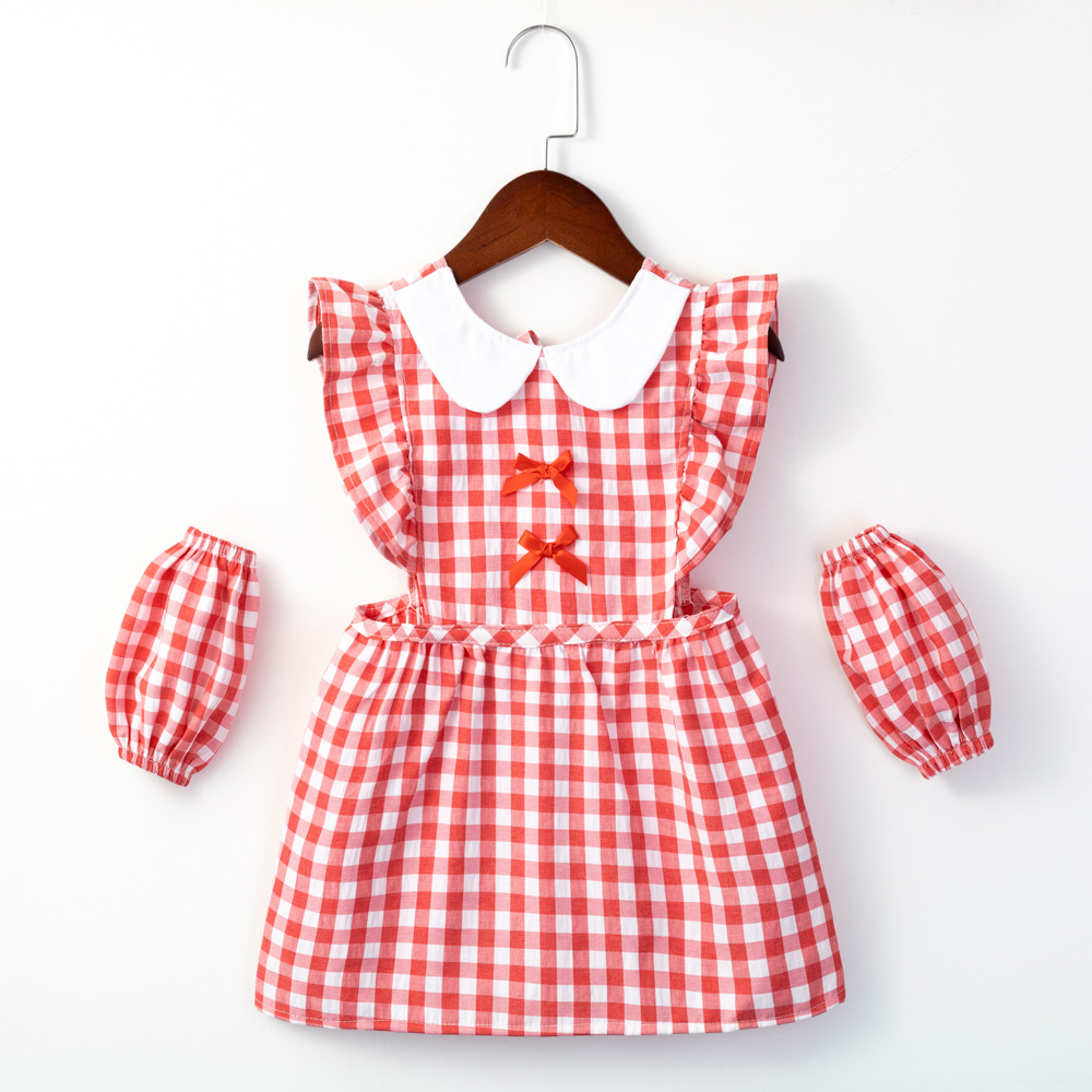 兒童圍裙無袖夏季薄款防水防髒寶寶吃飯反穿衣格子女童公主裙圍兜