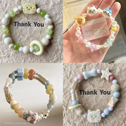 Jingdezhen Cute Handmade Cookie Charm Cat and Bear Series Unique Chinese Style Versatile Design Bracelet