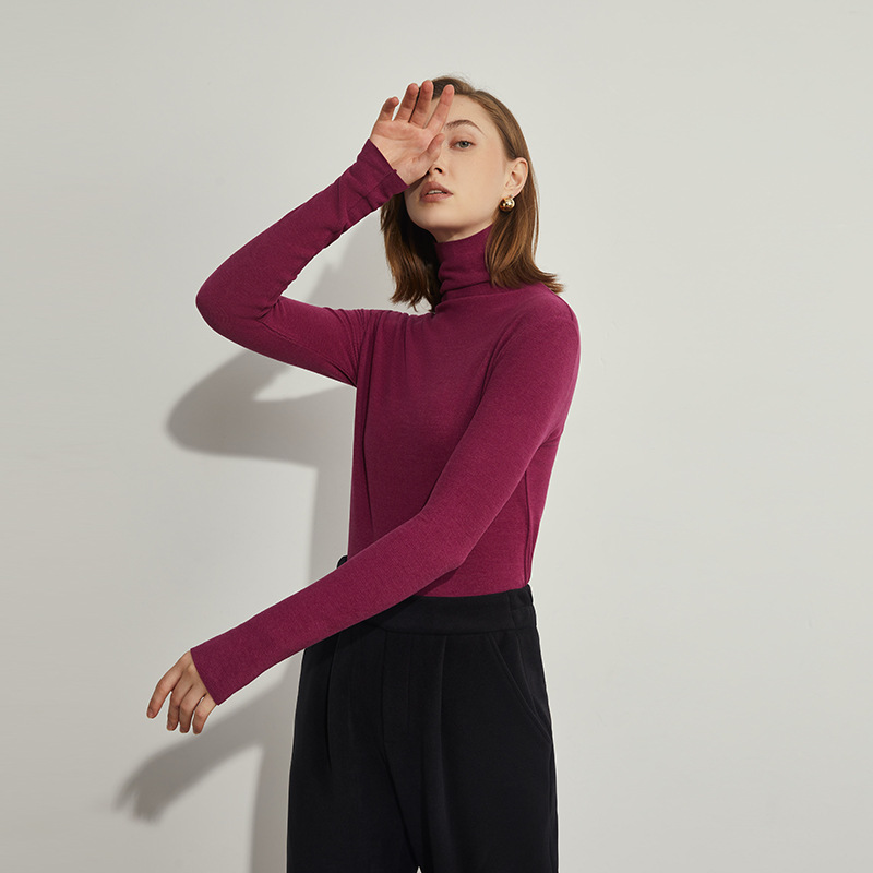 Camisa de fondo de terciopelo alemán otoño e invierno nuevo estilo ácido hialurónico belleza de la piel camisa de fondo de cuello alto sin costuras lijado tira vertical camiseta de manga larga mujer image 6