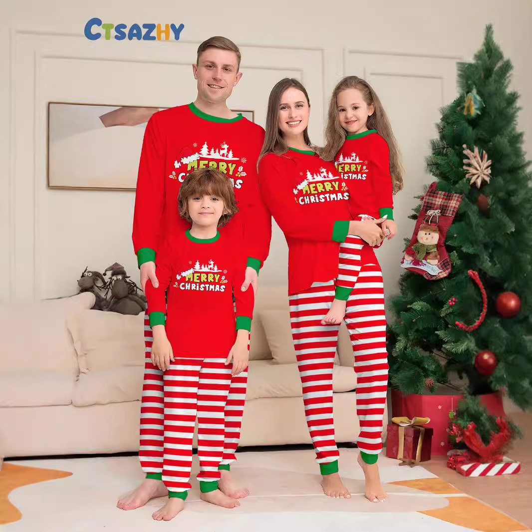 Chrëschtdag Hirschmütz Buschtaf gestreift Chrëschtdag Familljekostüm gedréckt Heemkleeder_voghion.com