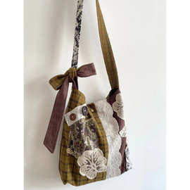 秋冬新款小众设计水桶包蕾丝拼接格纹布袋包美德拉百搭单肩斜挎包