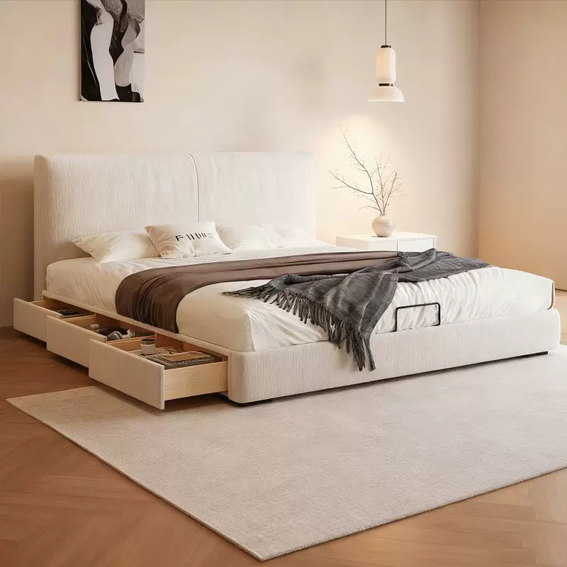 意式超薄床头布艺床现代极简雪尼尔绒布床主卧室双人大床储物婚床