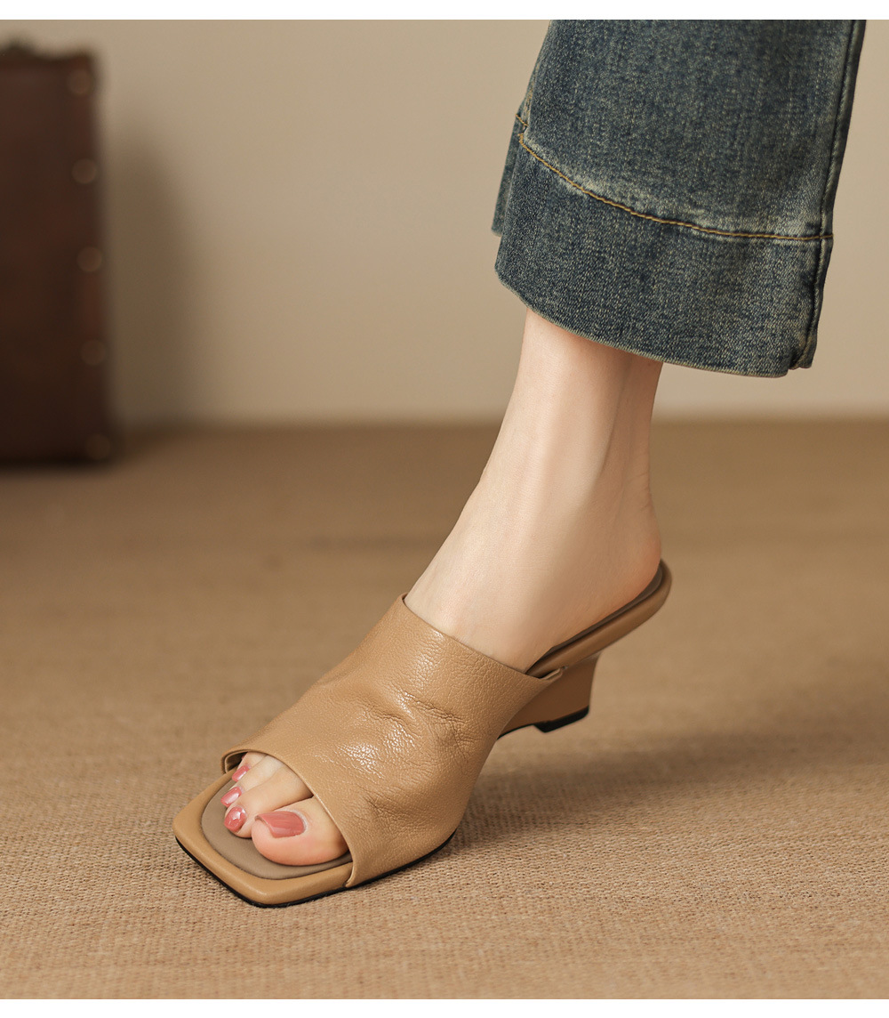 Sandal cao gót nữ mũi hở da cừu siêu mềm, quai ngang, gót xuồng 5 cm, phong cách Pháp — Trà sữa màu, màu trắng ngà chi tiết 16