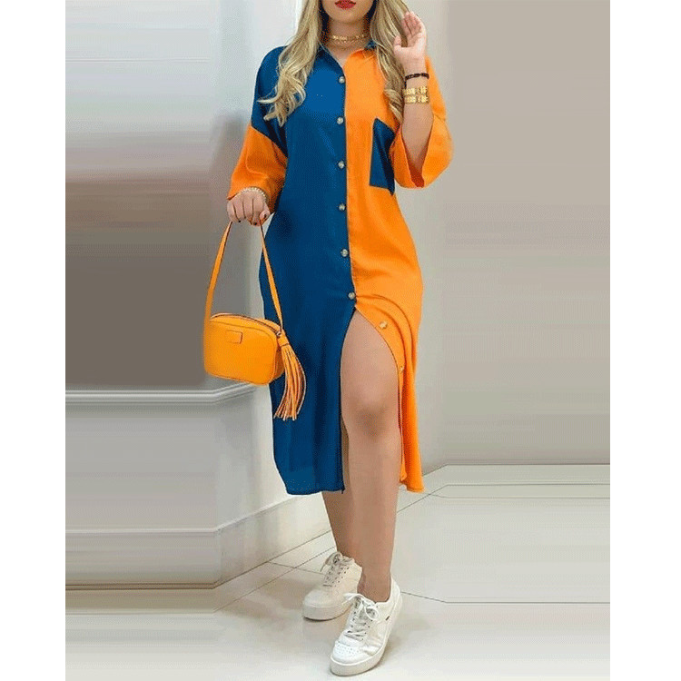 Shirt Dress Women Pocket Button Printing Color Contrast Dress 8 Shirt Dress Women Pocket Button Printing Color Contrast Dress