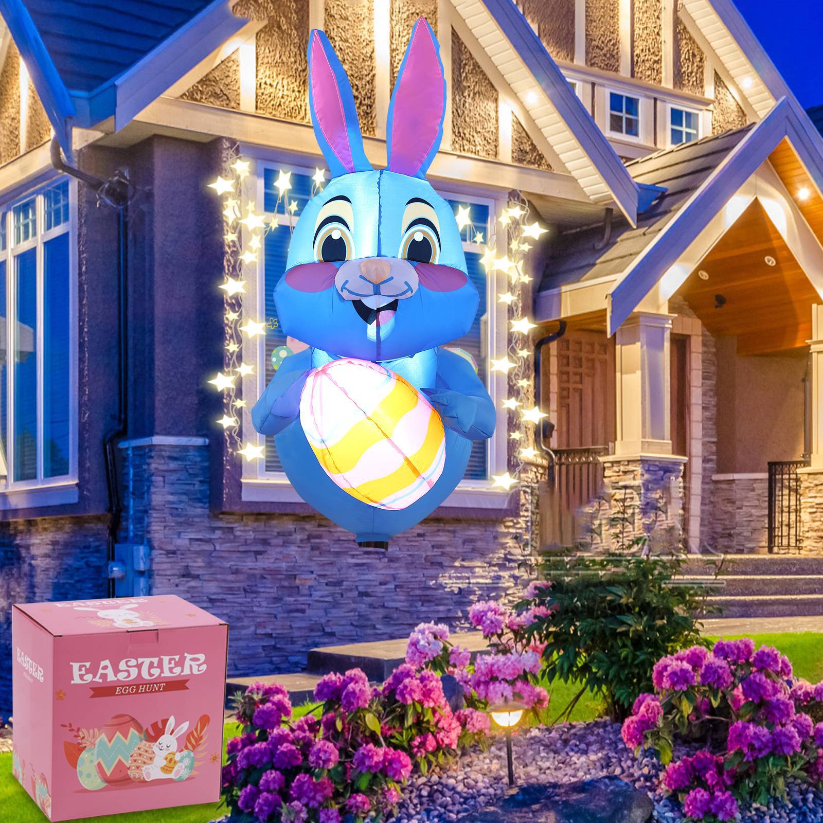 Amazon Pascua infláble decoración 1.2m ventana colgante conejo azul decoración luminosa de vacaciones