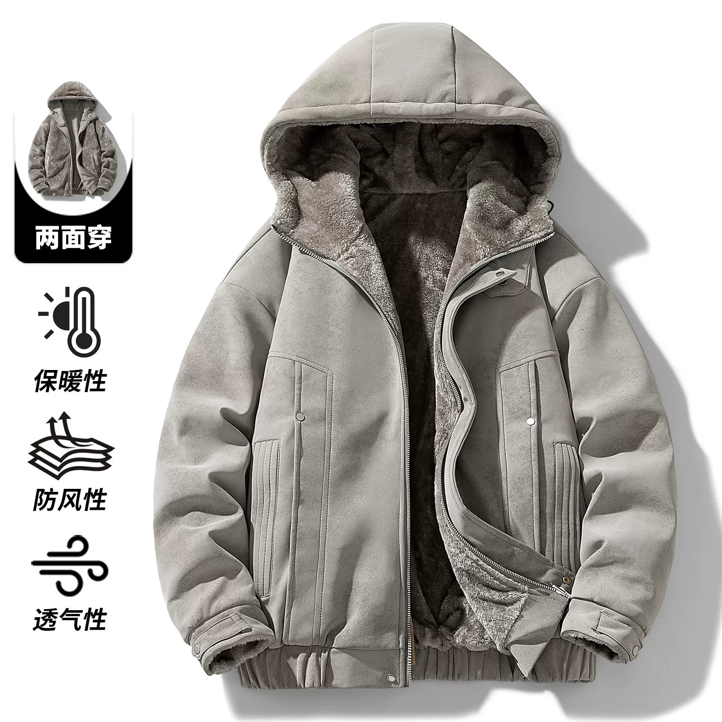 2025美式复古加绒毛领棉服外套秋冬新款宽松保暖男连帽派克服.