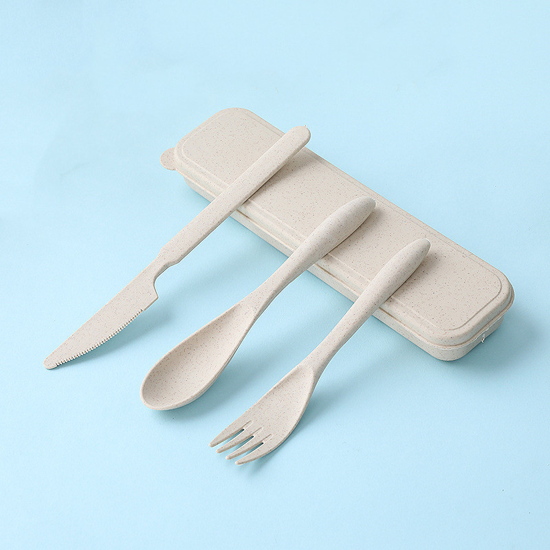 Trigo vajilla cuchillo, tenedor y cuchara de tres piezas conjunto de paja de trigo traje estudiante al aire libre vajilla portátil imprimible LOGO regalo