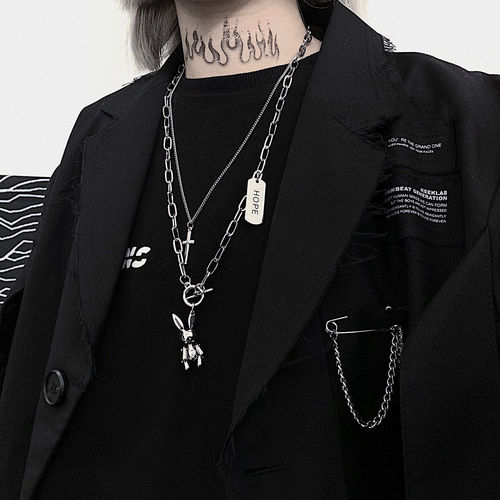 Rabbit Necklace for Women - Instagram Hip-Hop Cool and Aloof Style Pendant for Men - Stylish Punk Accessory, Versatile, Dark Tone, Multi-Layer Long Chain