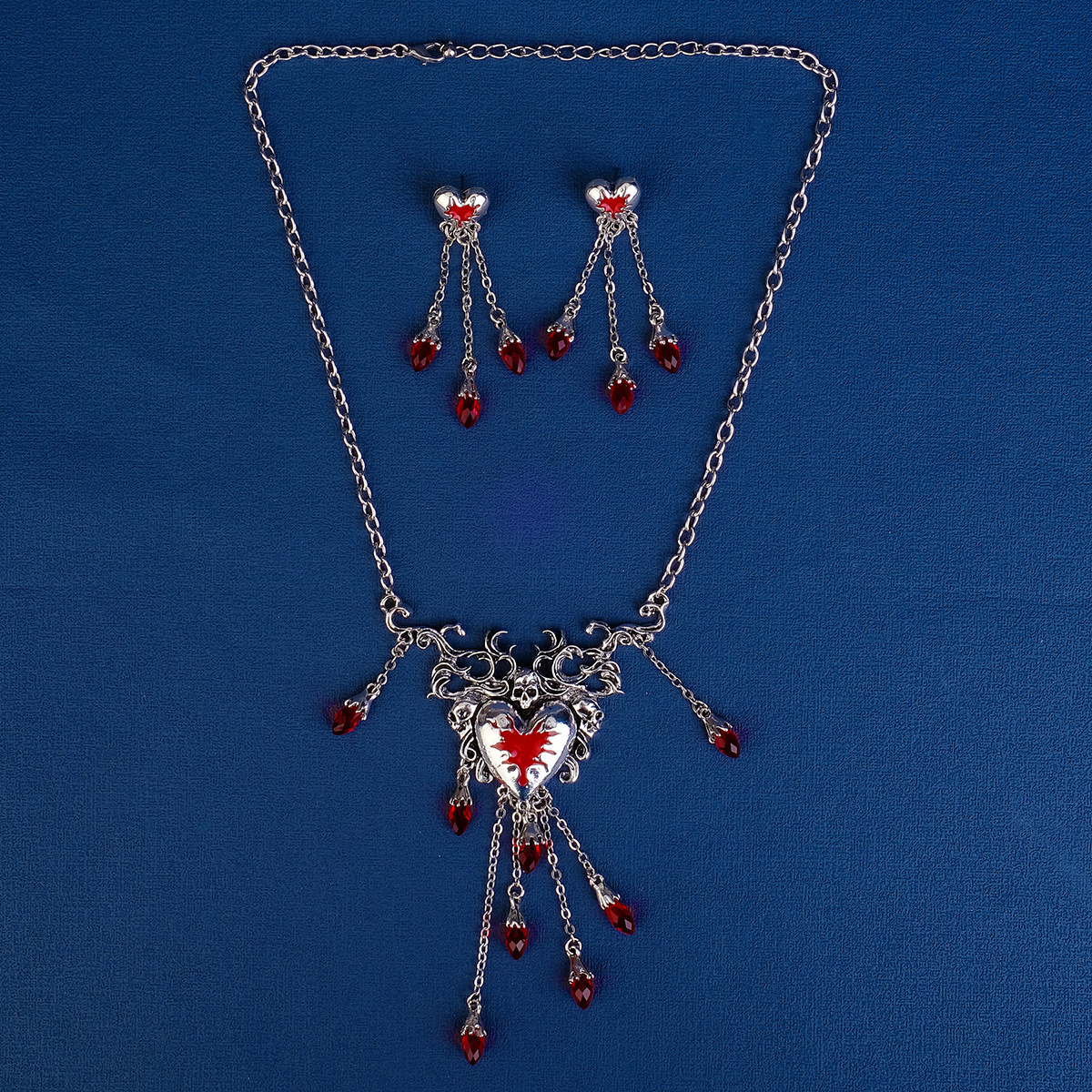 Vente chaude Halloween bijoux collier ensemble exagéré bal de promo fête habiller rouge coeur crâne boucles d'oreilles collier 2 pièces ensemble_voghion.com