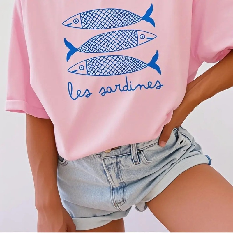 INAWLY イワシプリント レディース Tシャツ 缶詰魚 カジュアルシャツ|undefined