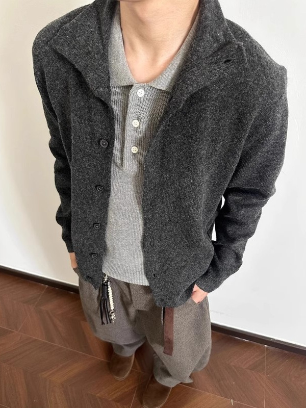 外贸春秋季高领针织开衫慵懒风外套宽松百搭休闲单排扣翻领毛衣男|undefined