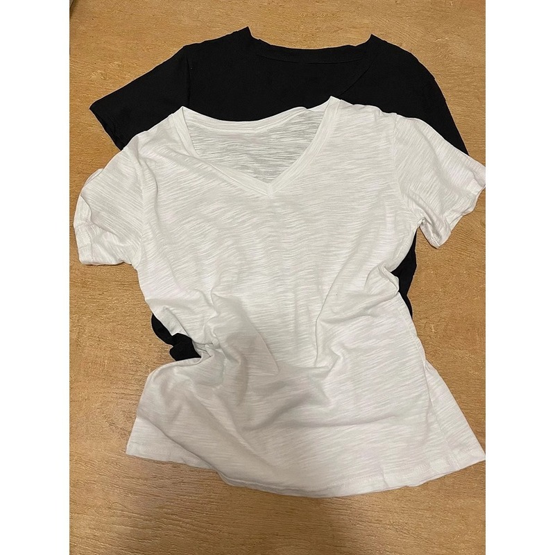 Thin V Neck Right Shoulder Short-Sleeved Women's White Basic Bottoming Top Summer Casual Loose Bamboo Cotton T-Shirt