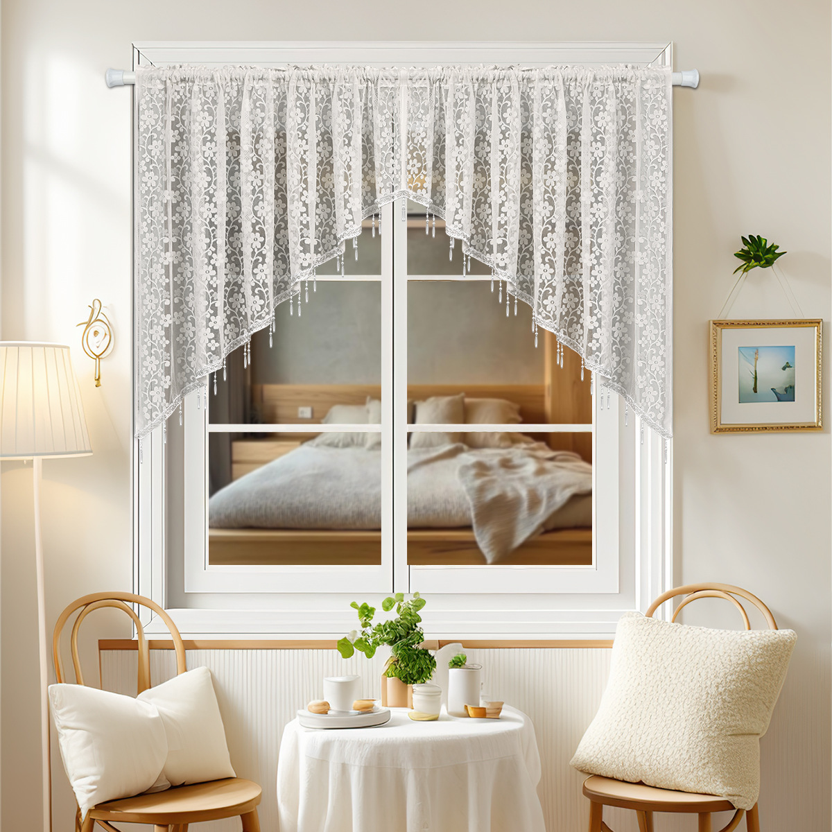 Transfronterizos de urdimbre encaje vertical rosas tubo de cuentas triangulares cortinas yarn a través de la barra de presión de alambre 2pcs cortinas cortinas terminadas