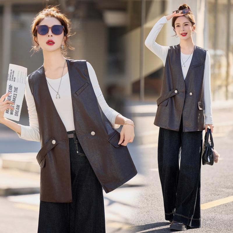 Mid-Length Leather Vest Jacket for Women, Spring 2026 New Style, Trendy and Fashionable Casual Sleeveless Leather Jacket