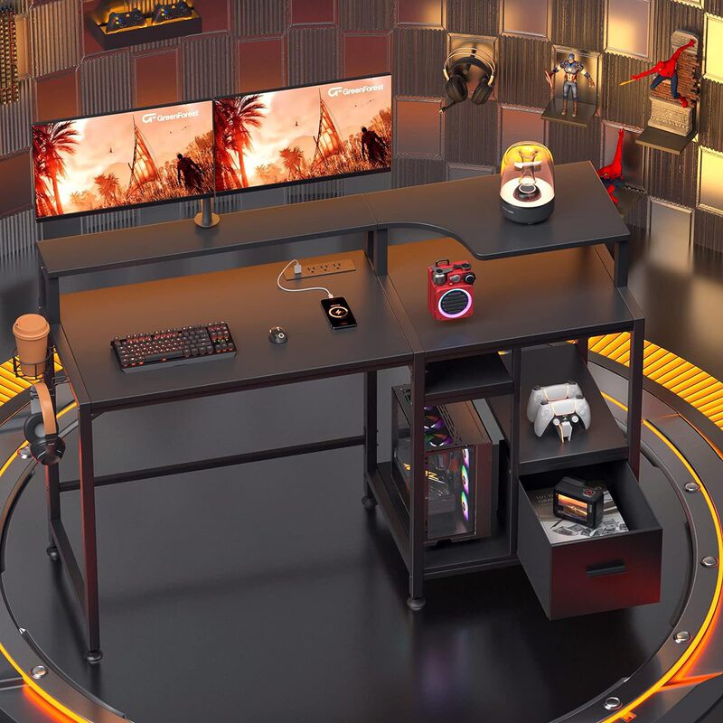 Work Desk 55inch Gaming Desk with Monitor Stand Cup Holder Hooks Computer Desk with Drawer and Power Outlets