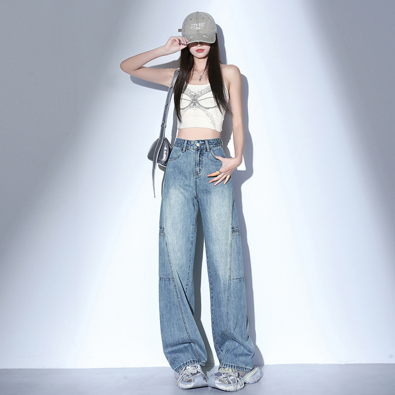 稚橘#美式高街辣妹阔腿工装牛仔裤女宽松显瘦设计感百搭拖地长裤