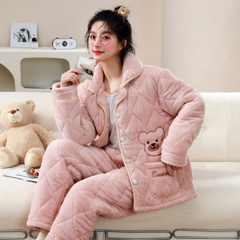 Winter Three-Layer Quilted Pajamas for Women, Coral Velvet, Thickeneded and Velvet, Warm and Wearable, Flannel Home Wear Set