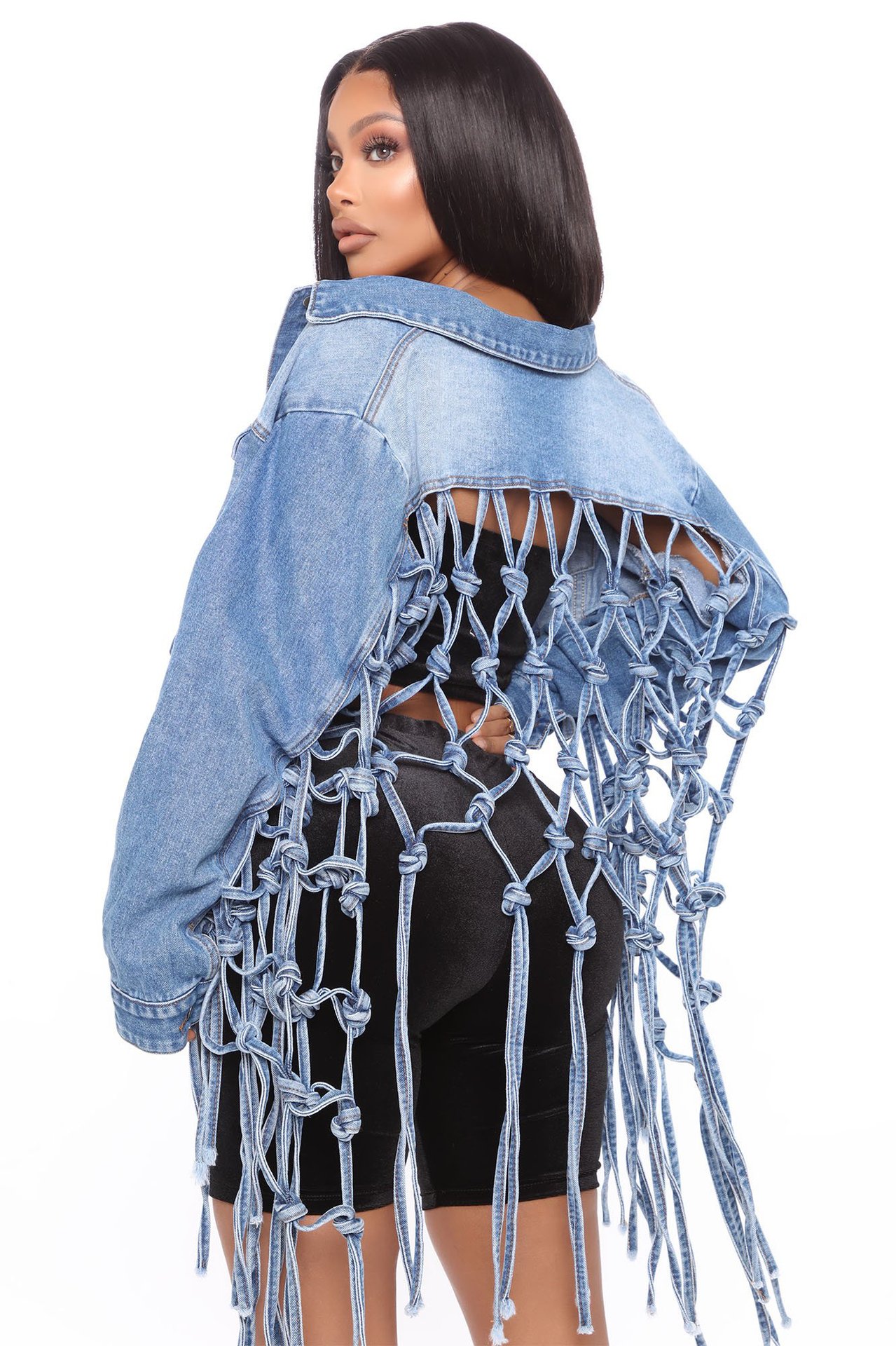 new back mesh fringed denim jacket nihaostyle clothing wholesale NSTH69114