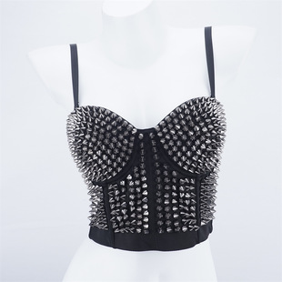 Punk Fishbone Corset with Rivet Embellishments, Nightclub Performance Costume, Belly Dance Performance Rhinestone Top