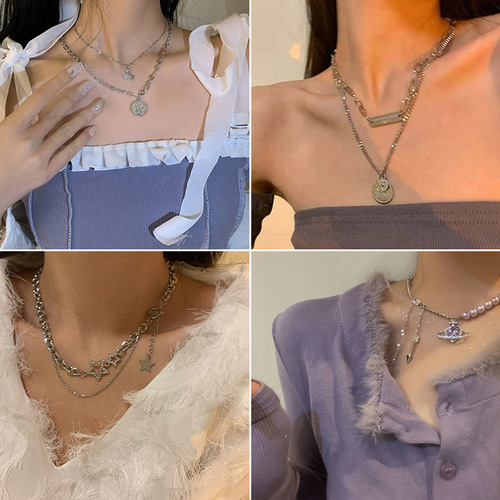 European and American style fashion double-layer heart necklace female splicing cold style female hip hop long sweater sweater chain ins trend 