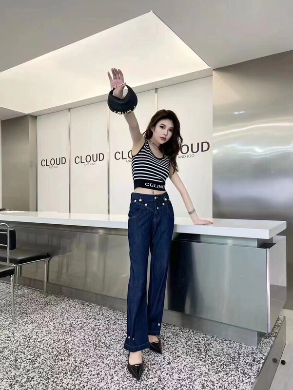 2023 Balman new metal button decoration high waist straight jeans wholesale