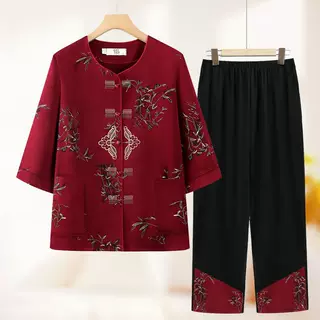 中老年人短袖套装夏装女奶奶款唐装妈妈衬衫两件套宽松老太太衣服