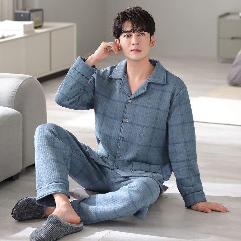 Cardigan de hombre engrosado primavera y otoño conjunto de pijamas de manga larga invierno delgado algodón intercalado otoño y invierno ropa para el hogar