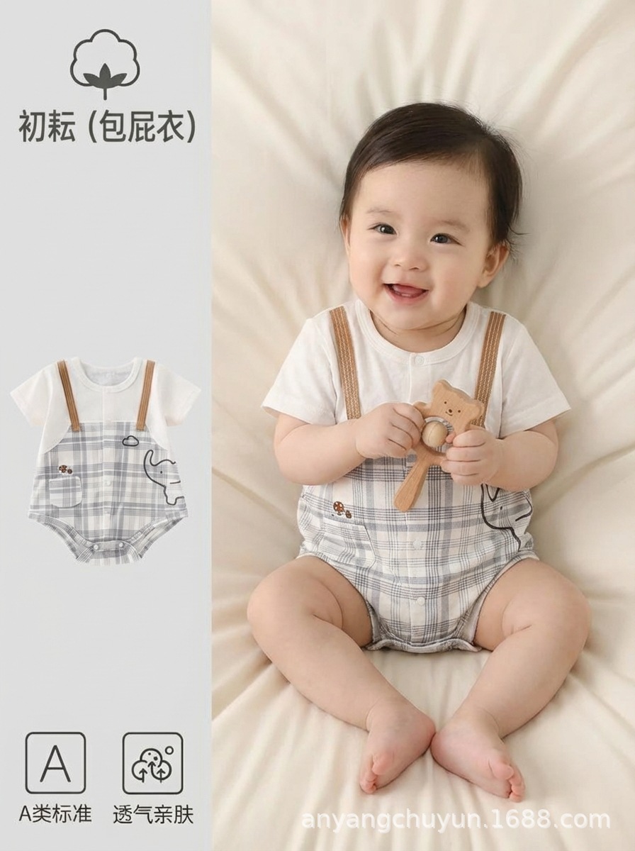 Ropa de bebé algodón de verano clase A sin hueso mangas cortas bolsa de triángulo chaqueta de cuello redondo ropa de bebé de un mes pequeño niño