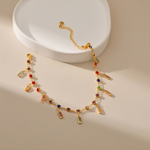 eBay Cross-Border New Retro Gold-Plated Ankle Chain with Colorful Acrylic 18K Gold Long Bar with Diamond Pendant Ankle Chain