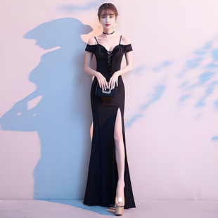 Evening dress women's off-shoulder high-end elegant socialite banquet dinner Hepburn style tube top side slit long dress