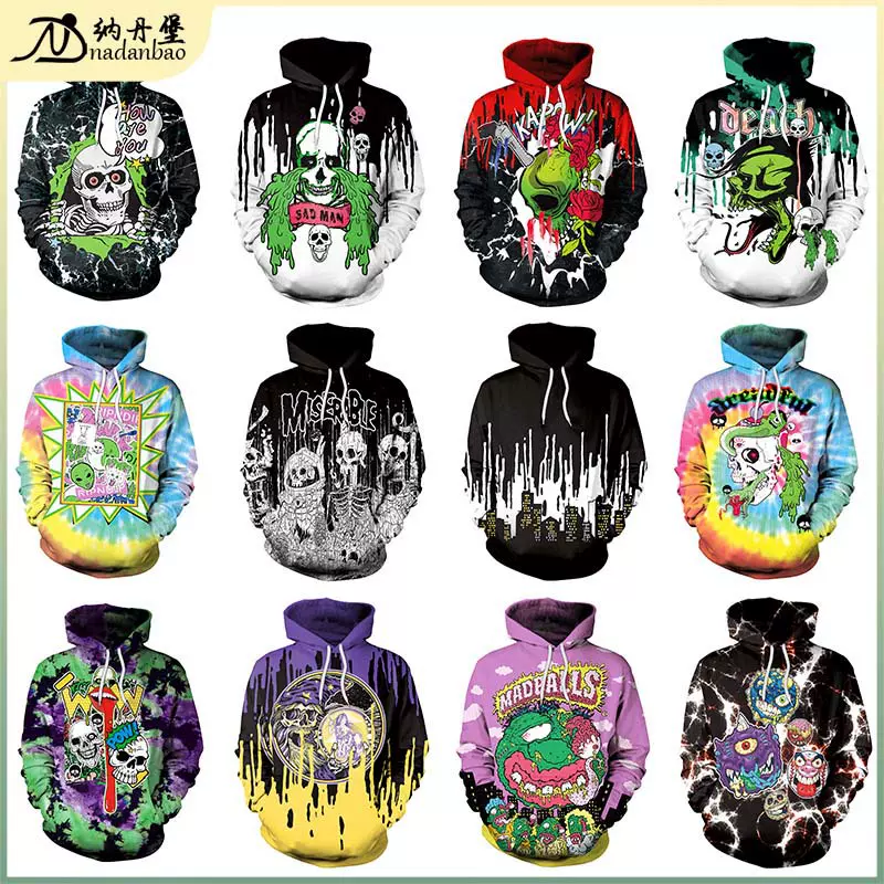 跨境货源搞怪骷颅头彩色数码印花连帽卫衣 现货上衣卫衣男春秋款