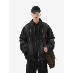 美拉德扎染皮衣外套男款秋冬设计感小众飞行员夹克美式复古机车服