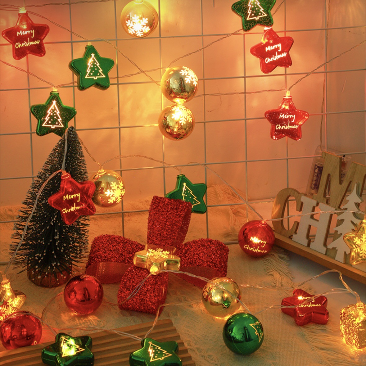 LED de Navidad impresa en color bola galvanizada estrella colgante string de luz decoración árbol de Navidad escena de atmósfera de luz de color