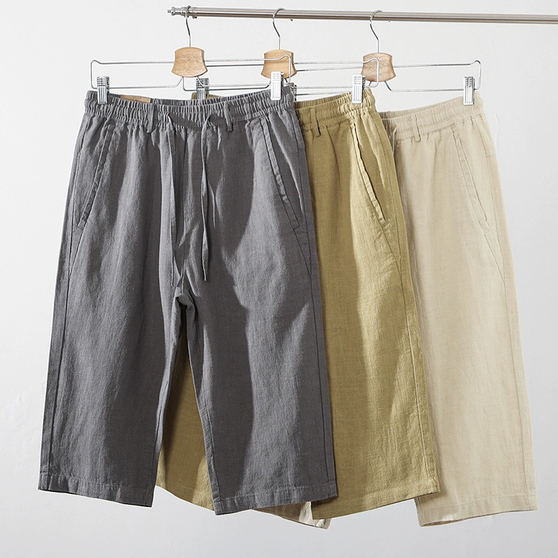 Летние мужские ретро сосновые хлопчатобумажные льняные повседневные брюки папа дикие свободные укороченные брюки среднего и пожилого возраста свободные брюки