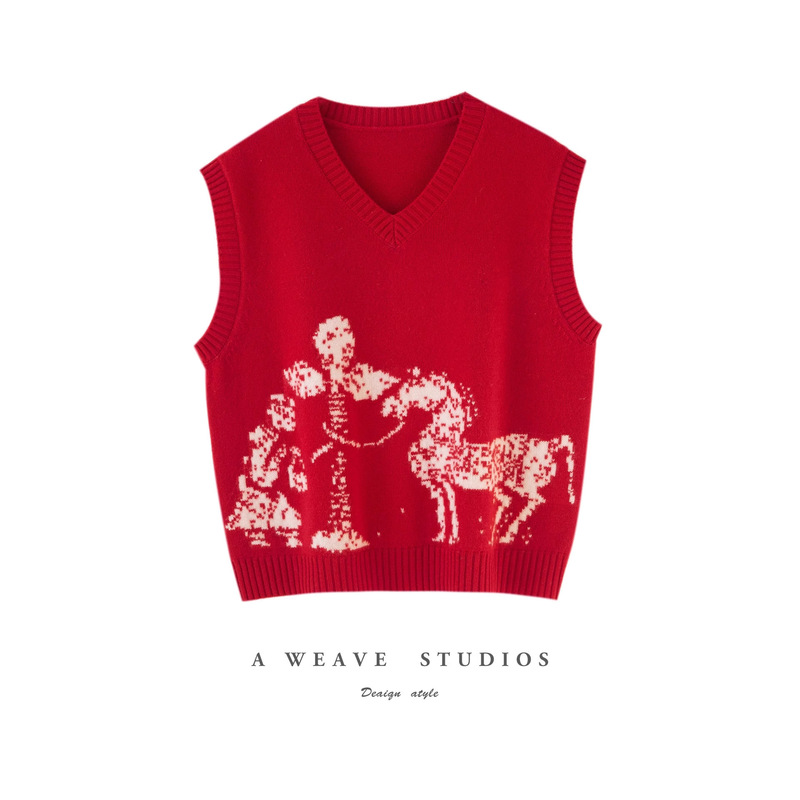 100% Wool Christmas and New Year Jacquard Vest with Vintage Horse Pattern, Retro Artistic Knitted Vest Wholesale