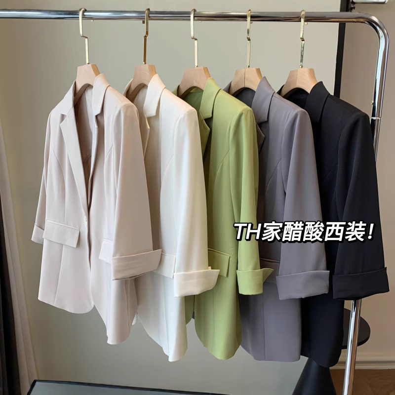 2023 Summer TH drape 70 three acetic acid seven-point sleeve top one-button flat barge collar thin women's suit jacket