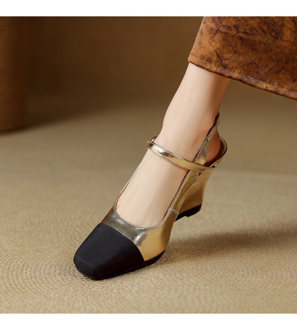 Sandal cao gót nữ mũi vuông quai ngang phong cách Chanel, gót xuồng 2026 — màu vàng, bạc chi tiết 10
