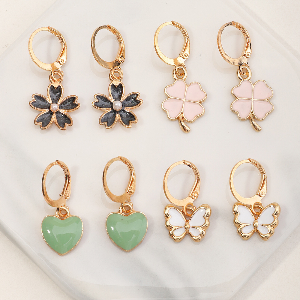 Fashion Cute Clover Butterfly Heart Drop Oil Pendant Children's Ear Clip 4 Pairs display picture 3
